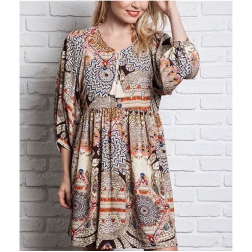 Umgee Boho Tassel V Neck Long Sleeve Feather Printed Babydoll Mini Dress XL